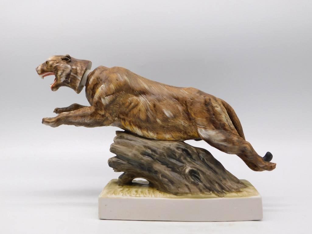 Leaping Mountain Lion Porcelain Decanter on Weathered Log Base Unmarked (1 of 3)