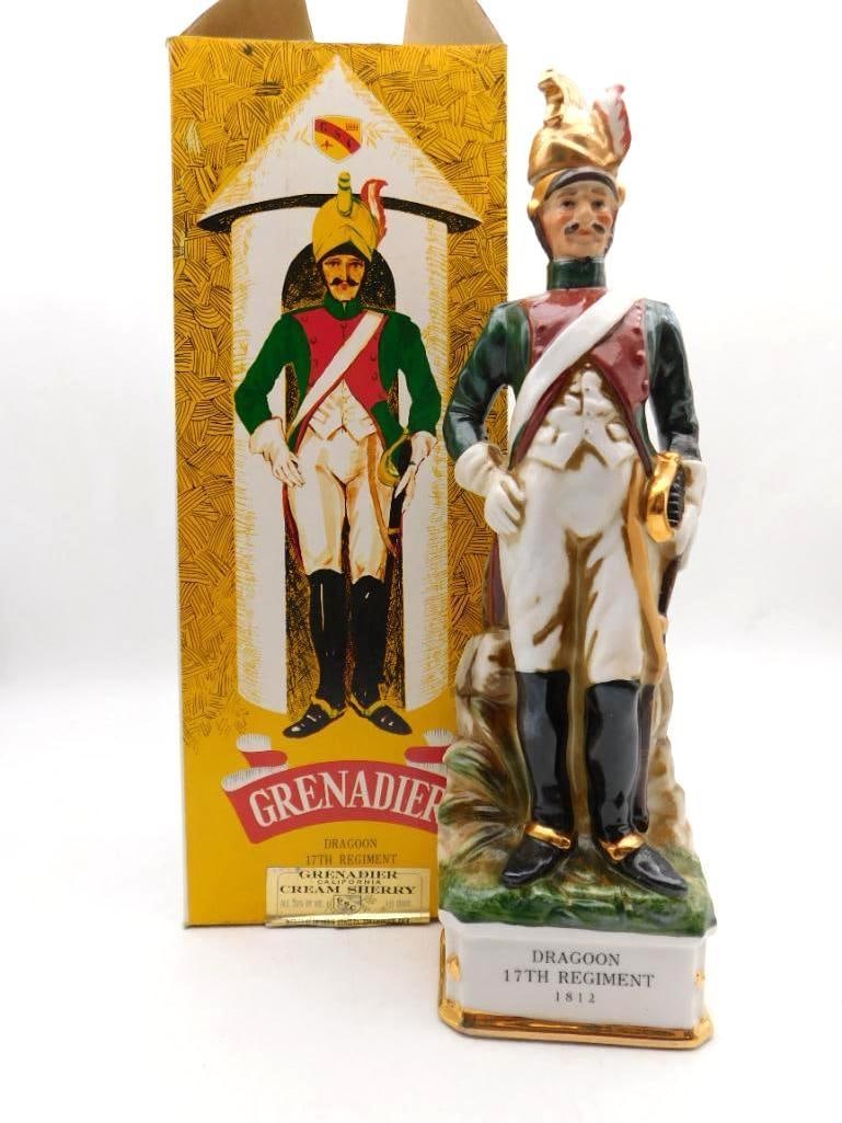 Grenadier Dragoon 17th Regiment 1812 Cream Sherry Decanter with Original Box: A Grenadier California Cream Sherry porcelain decanter modeled as a plumed Dragoon officer of the 17th Regiment dated 1812. The hand-painted uniform is nicely detailed with gilt trim and the figure is