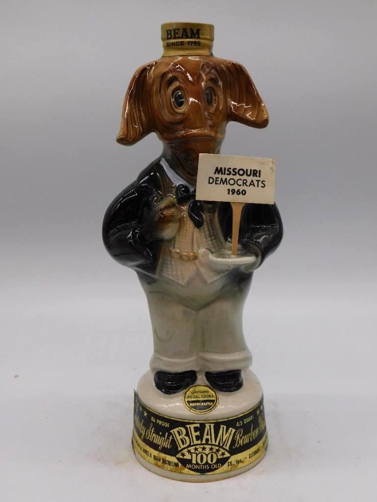 Jim Beam Missouri Democrats 1960 Donkey Head Political Decanter: A Jim Beam Regal China decanter cast in the form of a donkey's head and tagged Missouri Democrats 1960 a frank souvenir of the campaign season. Labeled Kentucky Straight Bourbon Whiskey. The modeling