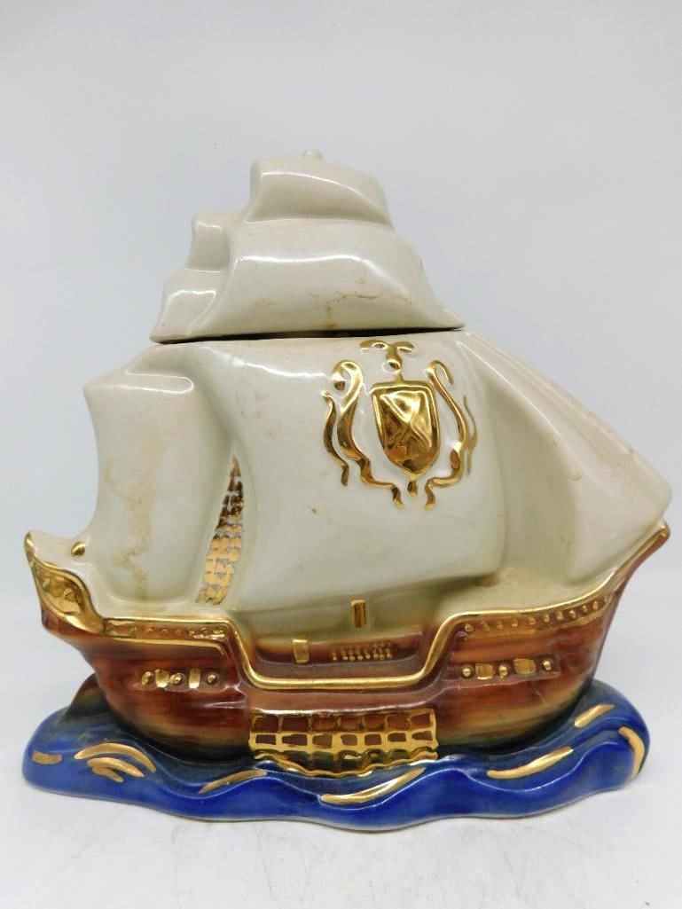 O.B.R. Colonial China Tall Ship Decanter with Gilt Sails and Blue Sea (1 of 5)