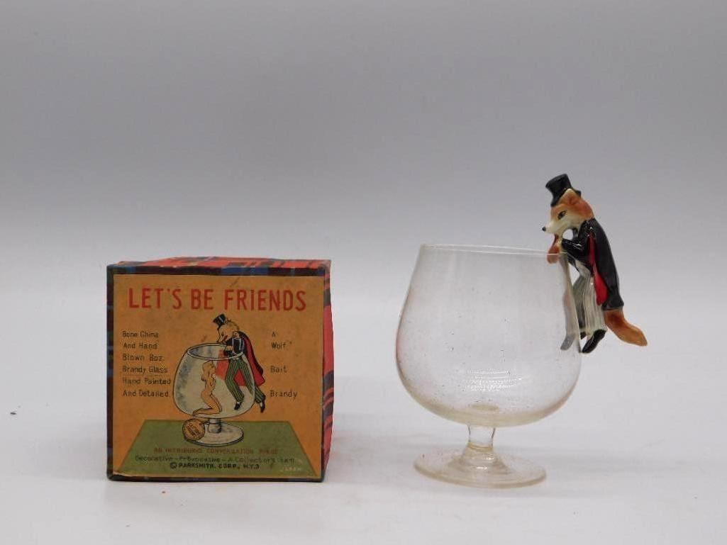 Farrsmith Let's Be Friends Fox and Brandy Snifter Set with Original Box: A hand-painted bone china fox in top hat and tails perched on the rim of a hand-blown glass brandy snifter a genial bit of barware by Farrsmith Corp. of New York. Complete with the original plaid