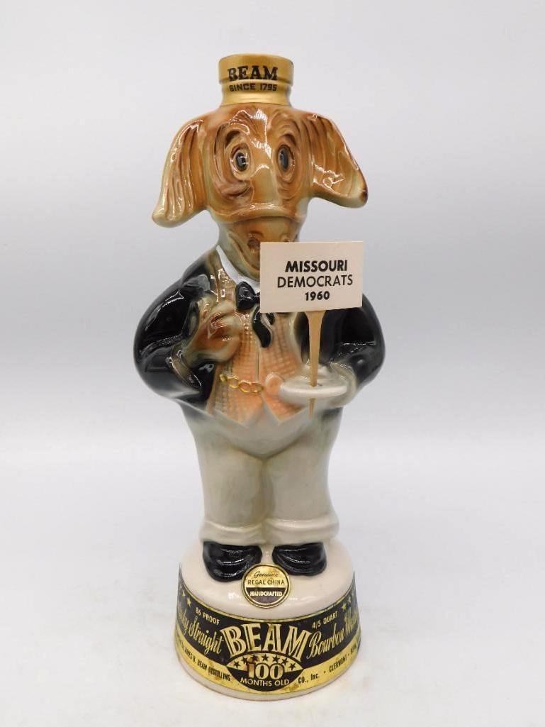 Jim Beam Missouri Democrats 1960 Elephant Political Decanter Seal Intact: A spirited Jim Beam Regal China decanter modeled as an elephant in evening dress cigar in hand and a placard reading Missouri Democrats 1960 held aloft. The tailcoat gold watch chain and patent shoes 