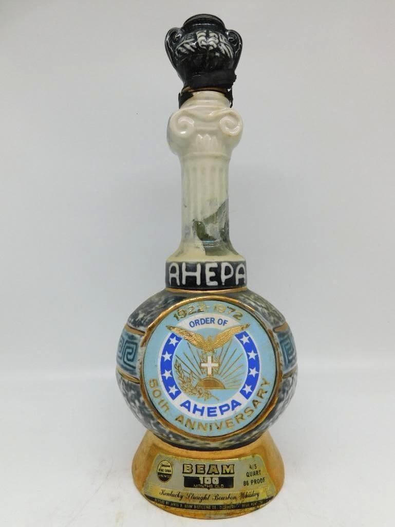 Jim Beam Order of AHEPA 50th Anniversary 1922-1972 Decanter Seal Intact: A Jim Beam Regal China decanter struck for the 50th anniversary of the Order of AHEPA 1922 to 1972 the globe body bearing the eagle and cross emblem in blue and gold with the lodge officers named on t