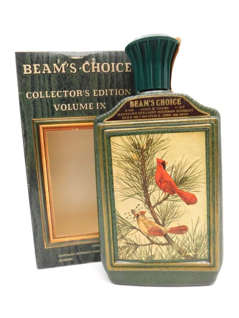 Jim Beam Beam's Choice Cardinal Decanter Collector's Edition IX with Box: A Jim Beam Beam's Choice Kentucky Straight Bourbon Whiskey decanter Collector's Edition Volume IX bearing a James Lockhart painting of a cardinal on green textured porcelain with gold trim. Aged 8 yea