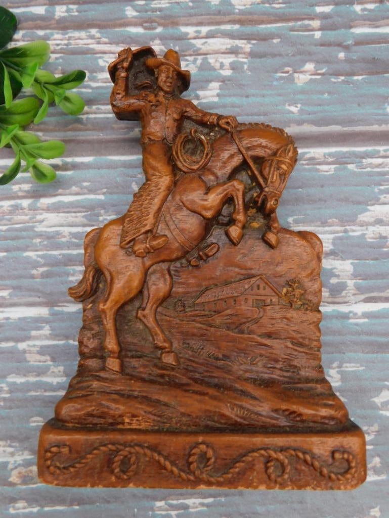 ORNAWOOD COWBOY AND HORSE BOOK END VINTAGE ANTIQUE: Ornawood Cowboy And Horse Book End Vintage Antique. See photos for exact size and condition.