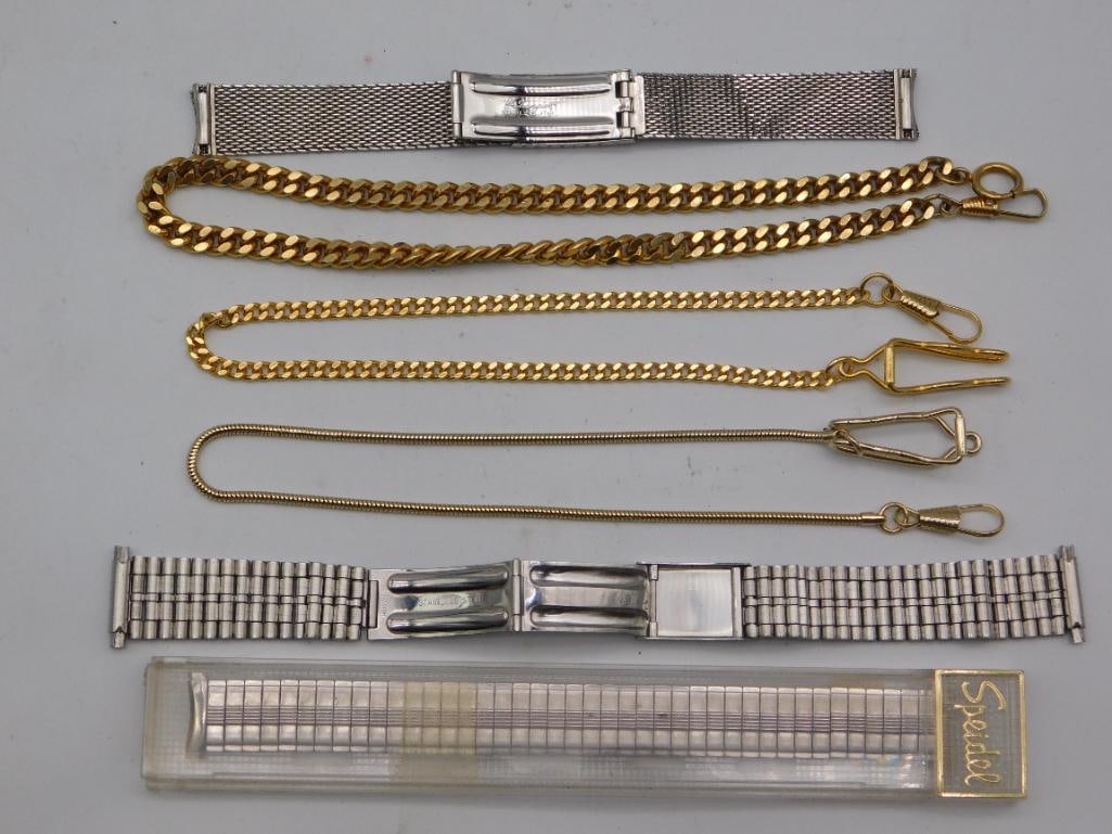 Assorted Watch Bands & Pocket Watch Chains incl. JB Champion: A grouping of vintage watch bands and pocket watch chains, including two stainless steel mesh expansion bands (one marked 'Hong Kong Stainless Steel,' the other signed 'JB Champion Stainless Steel