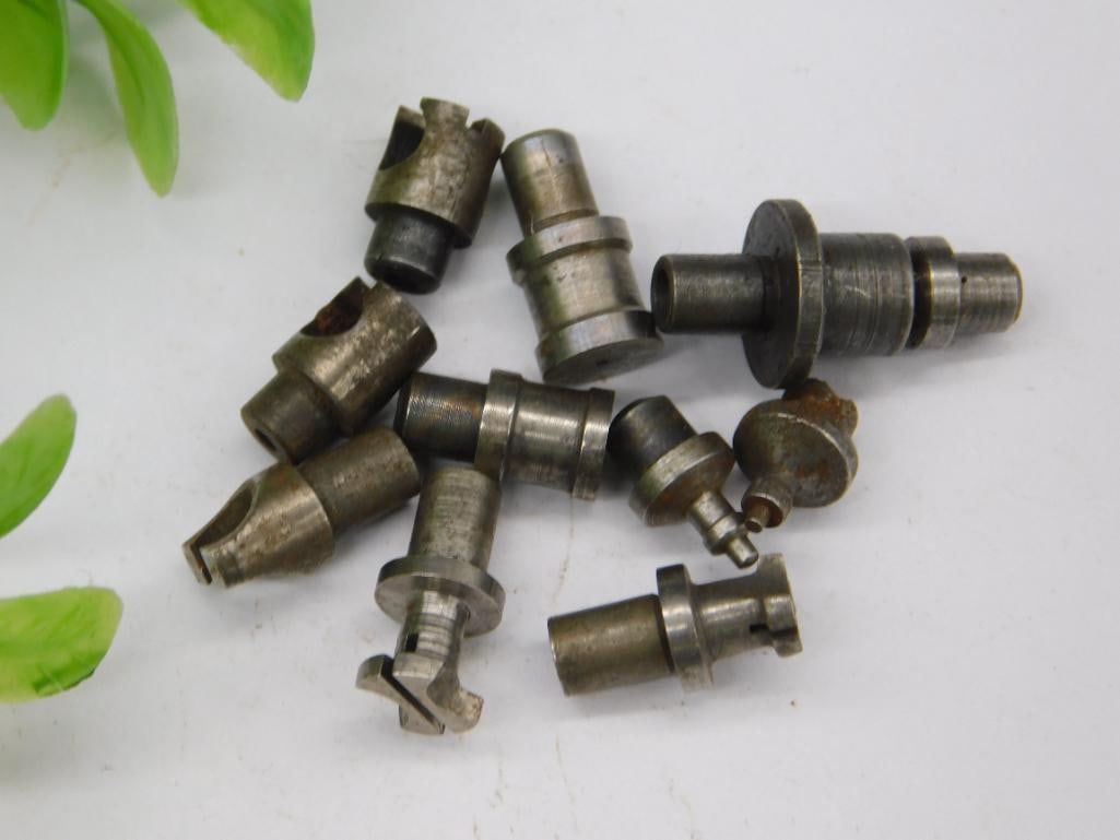 Watchmaker Staking Punches with Wide Flanged Stake: Assorted unmarked steel watchmaker staking-set stakes including a piece with a broad flanged head, plus smaller flat and domed punches of various diameters. See photos for exact size and condition.
