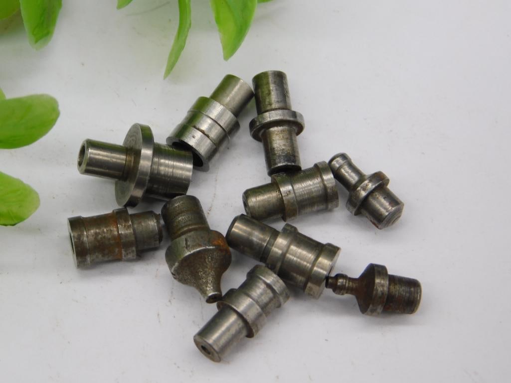 Watchmaker Staking Punches incl. Forked Bit & Cups: A lot of unmarked steel staking-set stakes including a forked screwdriver-style bit, cupped punch tips, and assorted flat and domed pieces used for watch repair work. See photos for exact size and