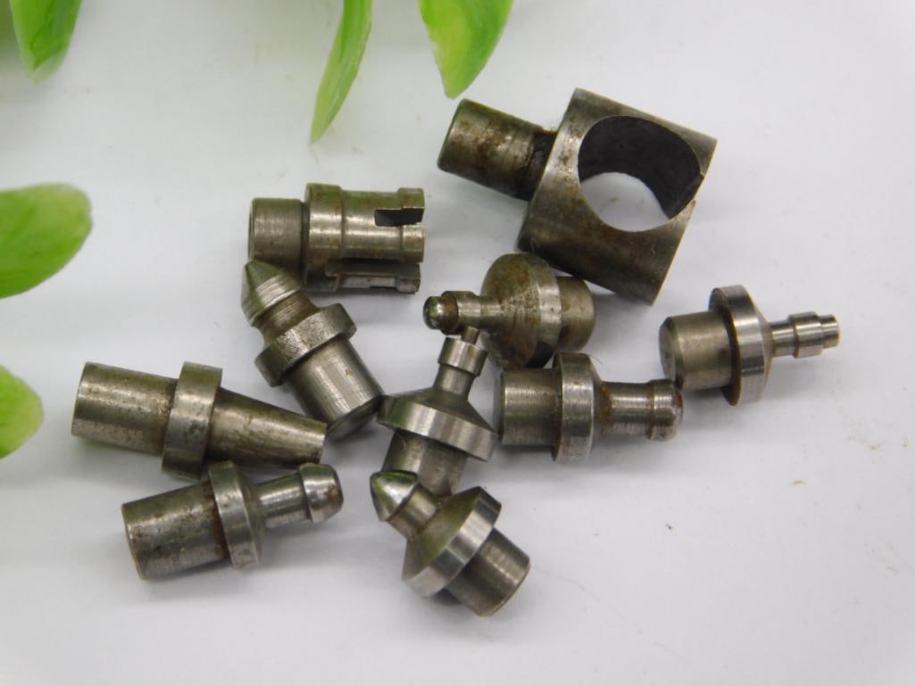 Watchmaker Staking Punches incl. Wide Flared Cup: Assorted unmarked steel watchmaker staking-set stakes including one piece with a notably wide, flared cup-shaped head, along with smaller pointed and flat-topped punches. See photos for exact size