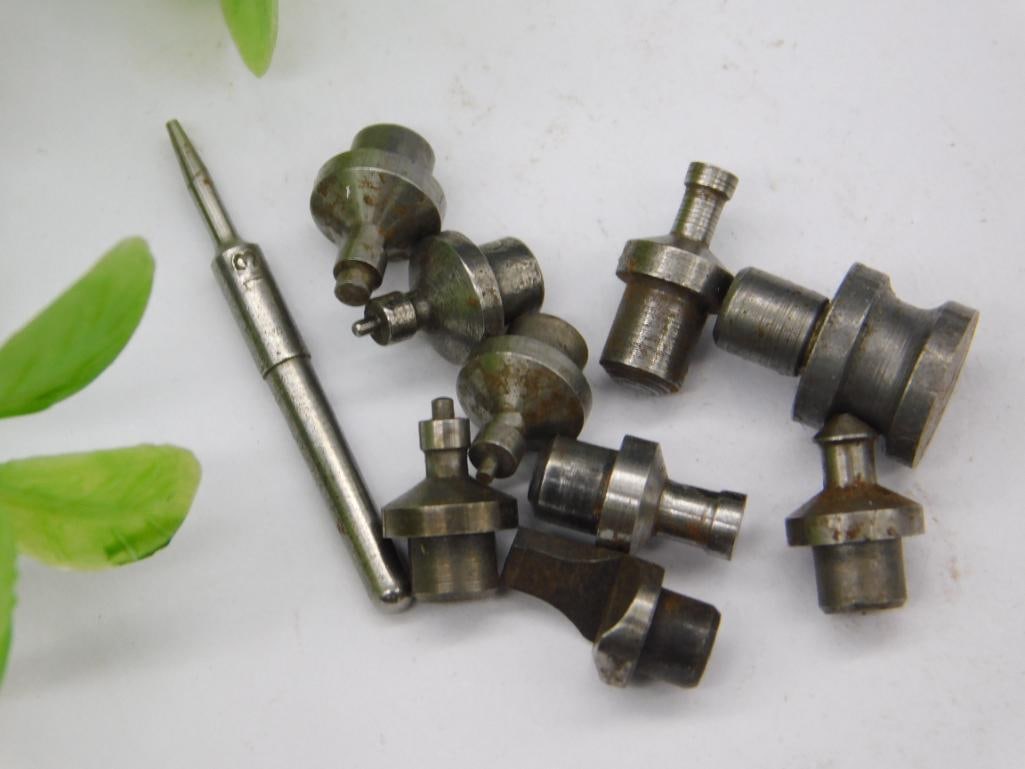 Watchmaker Staking Set Punches - Mixed Small Lot: A group of unmarked steel watchmaker staking-set stakes with assorted flat, domed, cupped, and pointed tips in graduated shaft sizes, used with a staking tool for watch repair. See photos for exact