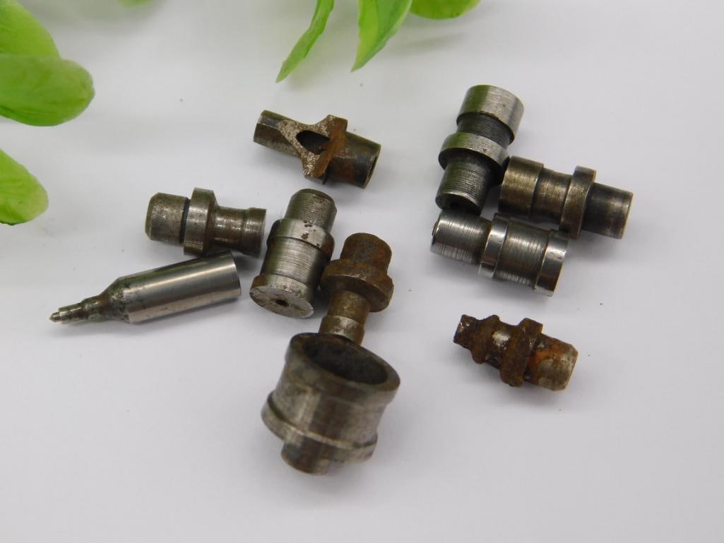 Watchmaker Staking Punches with Wide Flat-Top Head: A group of unmarked steel watchmaker staking-set stakes including a piece with a wide flat-top head, plus smaller flanged and cupped punches of graduated diameters. See photos for exact size and