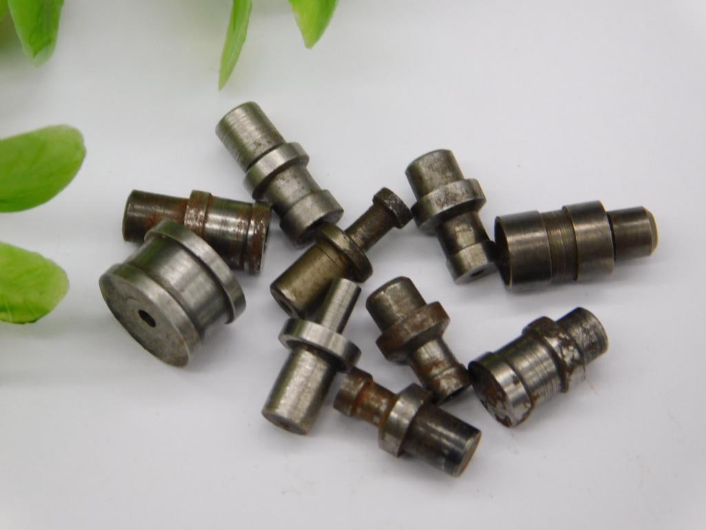 Watchmaker Staking Punches incl. Notched Hollow Punch: Assorted unmarked steel watchmaker staking-set stakes including a notched/hollow punch tip along with flanged and cupped pieces of various diameters. See photos for exact size and condition.