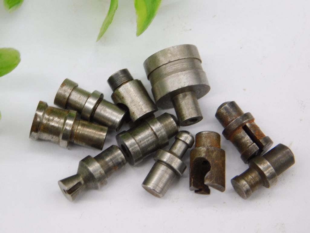 Watchmaker Staking Punches incl. C-Notch Staff Holders: Assorted unmarked steel watchmaker staking-set stakes including pieces with a C-shaped notch for cradling a watch staff, plus additional cupped, flanged, and pointed punches. See photos for exact