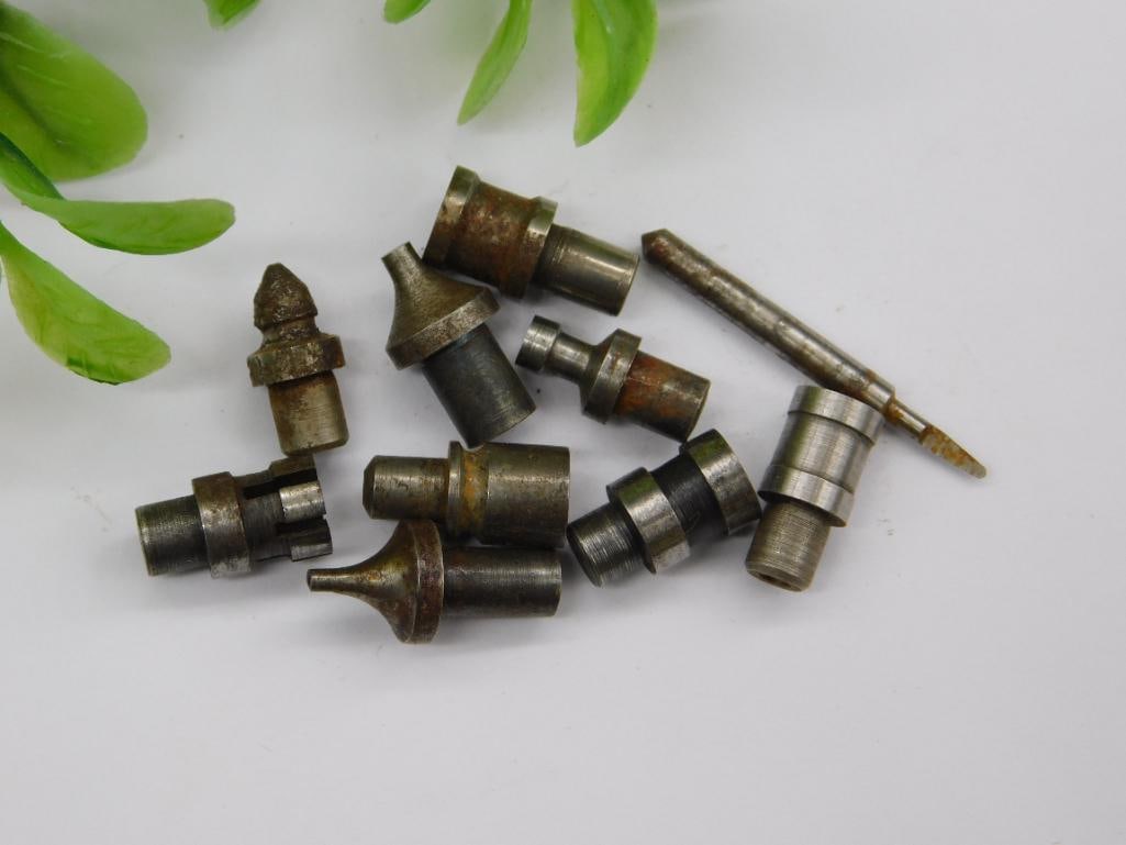 Watchmaker Staking Tool Parts with Marked Rod & Coin: Lot of small steel machined parts including a rod stamped with a faint number and a forked notched-tip piece, plus stepped punches with cupped or pointed ends.