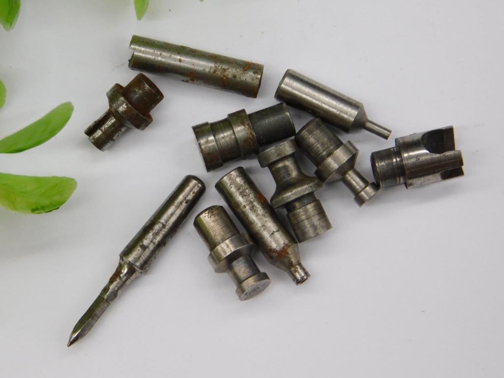 Watchmaker Tool Parts with Screwdriver-Style Bit: Lot of small steel machined parts including a pointed screwdriver-style bit and several stepped punches with flared, tapered, and forked tips. Light rust on a couple of pieces.