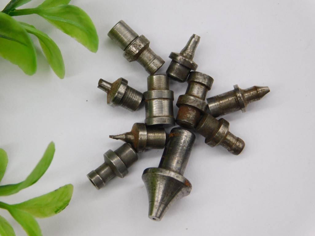 Watchmaker Lathe Stakes, Pointed & Stepped, Lot: Assortment of steel stakes/punches with varied tip shapes (pointed, conical, flat) used with watchmaker lathe or staking tool sets. See photos for exact size and condition.