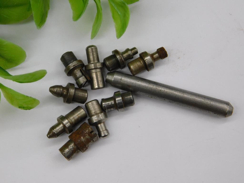 Watchmaker Lathe Stake Lot, Steel Tooling: Assortment of small steel stepped punches and stakes, one with a pointed tip, typical of watchmaker lathe/staking tool components. See photos for exact size and condition.