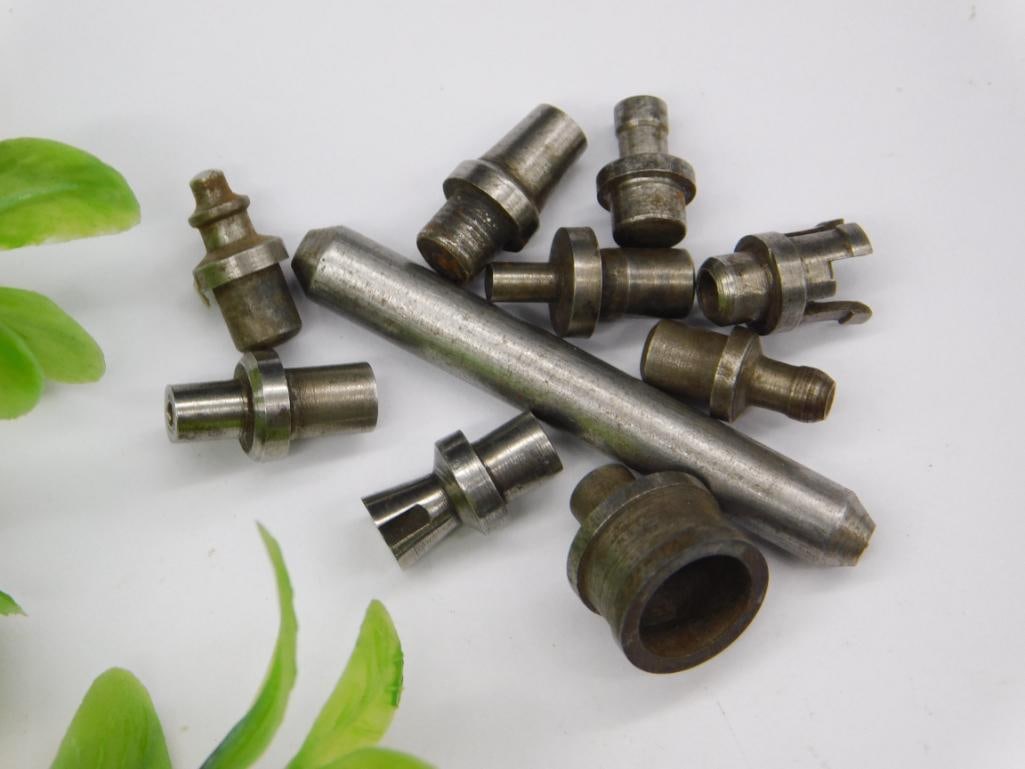Watchmaker Staking Punches with Cup Stake: Group of small steel stepped punches/stakes including a hollow cup-shaped stake and a long pin punch, from a watchmaker's staking or lathe tool set. See photos for exact size and condition.