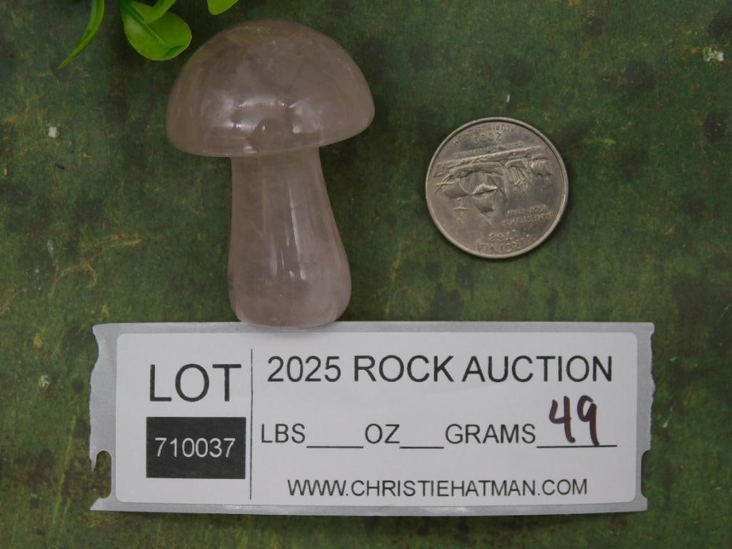 Polished Rose Quartz Mushroom Figurine ROCK STONE LAPIDARY SPECIMEN: - Material: Genuine polished rose quartz stone | - Design: Shaped into a mushroom with smooth, rounded edges | - Size: Approximately 2-3 inches tall (please see reference with coin for size