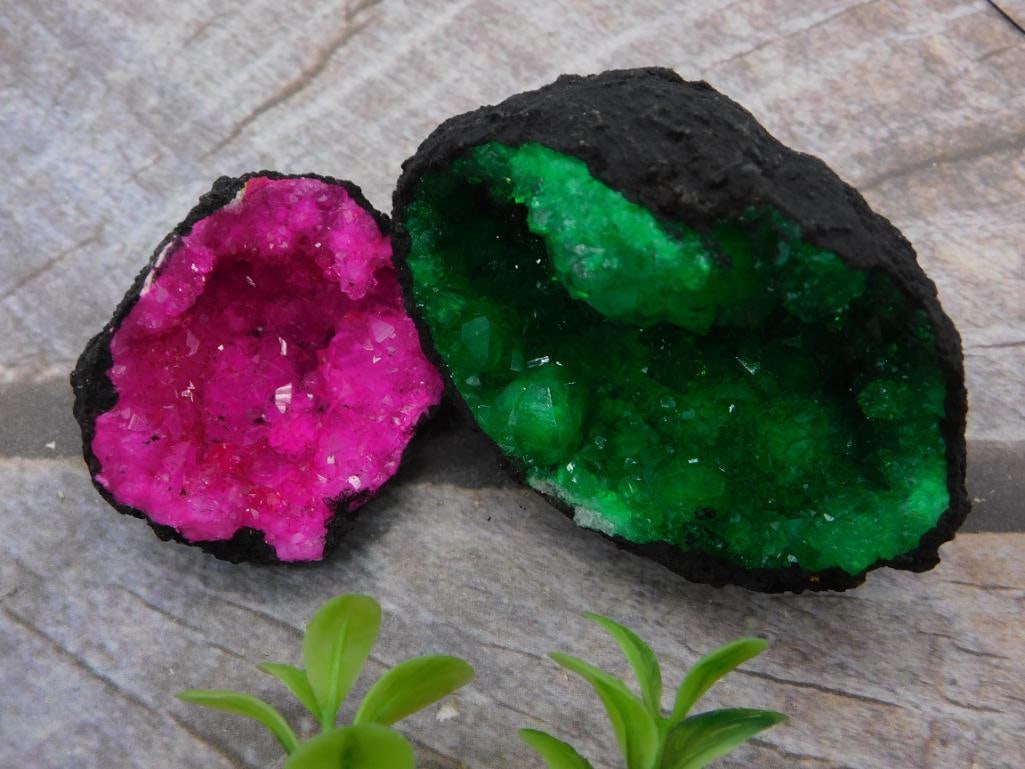 Mineral - Pink and Green Dyed Crystal Geode Halves Pair (1 of 2)