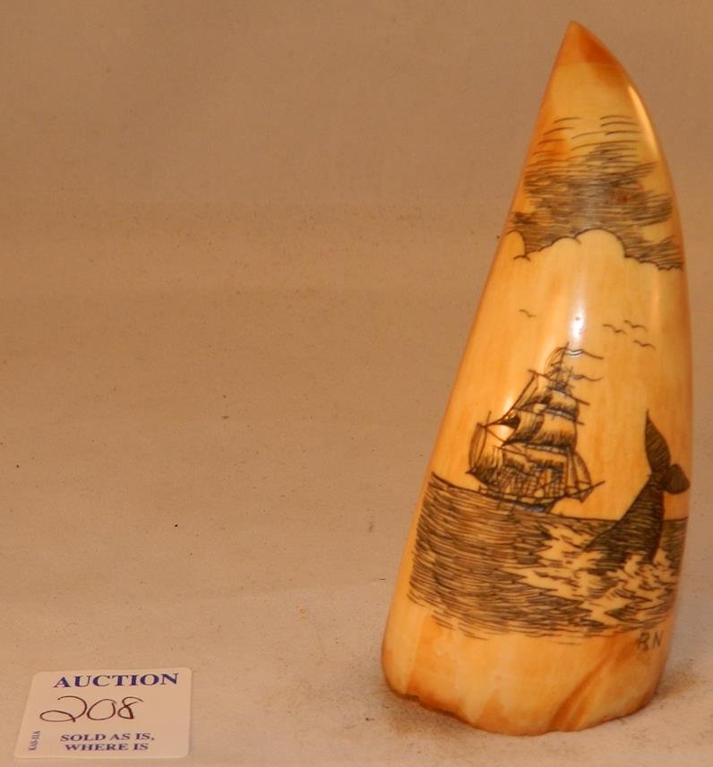 Scrimshaw Whale Tooth Whale and Ship: Scrimshaw Whale Tooth Whale and Ship