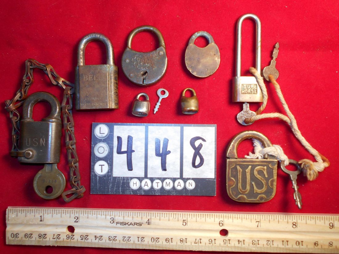 VINTAGE PADLOCKS USN, BELL, TUF HORSE, OAK LEAF: See Photos for measurements and condition