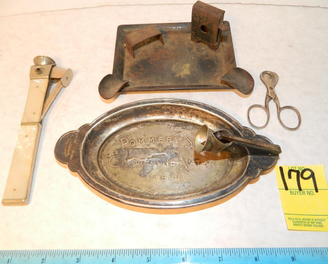 TOBACCIANA CIGAR CUTTERS ADVERTISING POMMERY'S, ETC.: See photos for measurements and descriptions.