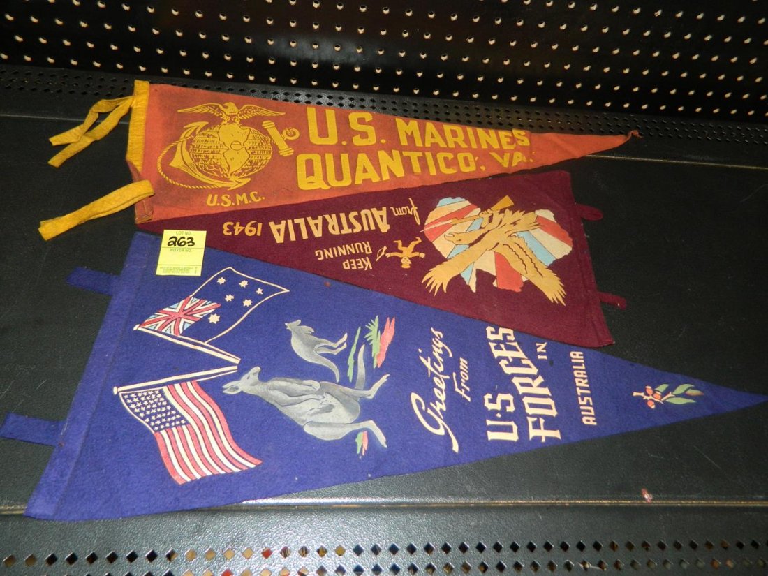 3 FELT PENNANTS, MILITARY, MARINES, AUSTRALIA: SOME PITTING ON THE BLUE PENNANT