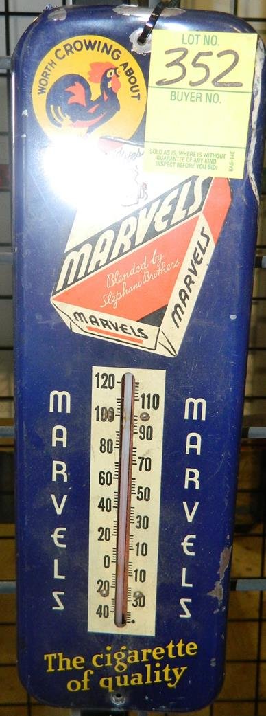 MARVELS CIGARETTE ADVERTISING THERMOMETER: See photos for measurements and descriptions.