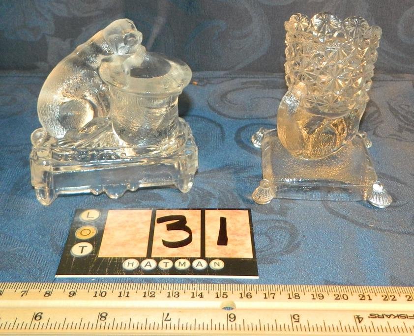 FIGURAL GLASS TOOTHPICK HOLDERS, CAT AND OTTER: FIGURAL GLASS TOOTHPICK HOLDERS, CAT AND OTTER