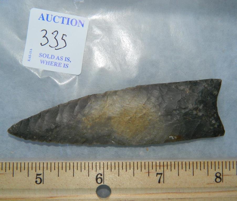 PLAINVIEW 3 9/16 X 1" LATE PALEO NATIVE AMERICAN INDIAN: NO. 33432 ORIGIN TEXAS EDWARDS PLATEAU CHERT GRADE 10 AUTHENTICATED WITH BAKER COA.See Photos for measurements and condition.