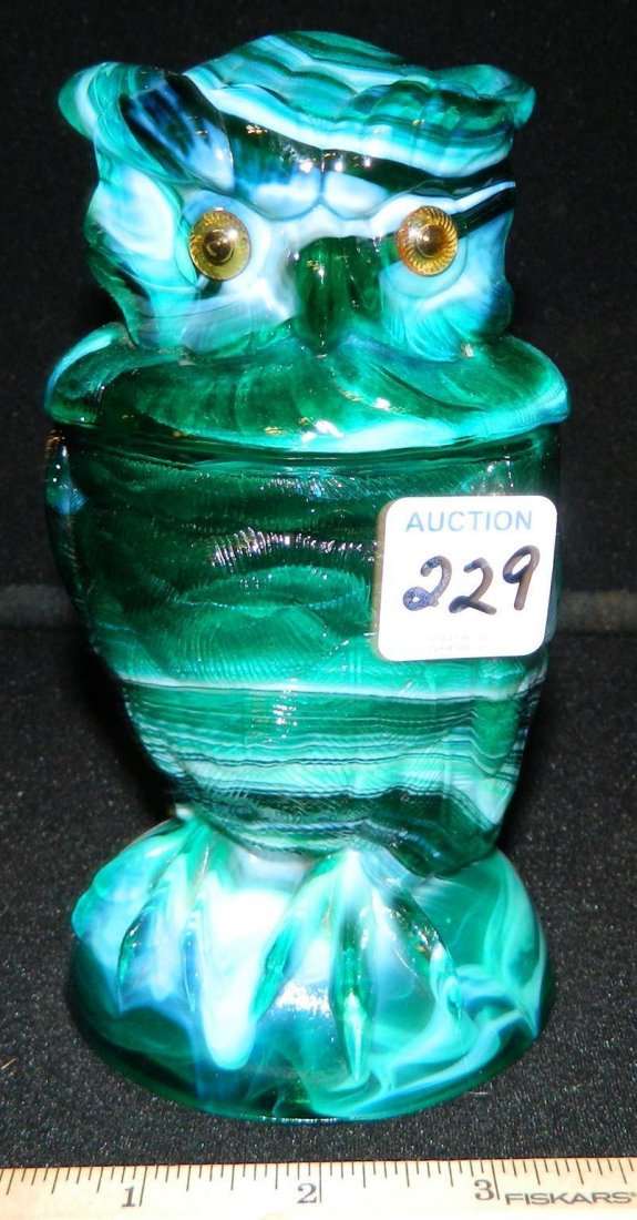 IMPERIAL ANTIQUE SLAG GLASS GREEN SLAG OWL COVERED JAR: WELCOME TO HATMAN AUCTIONS. Visit www.christiehatman.com for 100's of color pictures. On this lot, please see photos for condition and measurements. WE SELL COLLECTIONS, so contact us when you want to