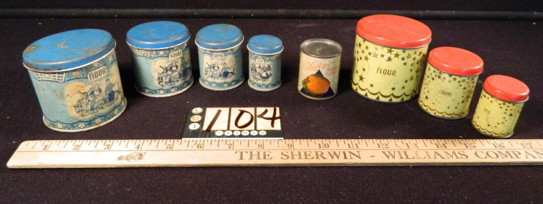 EARLY DOLL ENAMEL TIN NESTING CANISTERS AND LIBBY'S: WELCOME TO HATMAN AUCTIONS. Visit www.christiehatman.com for 100's of color pictures. On this lot, please see photos for condition and measurements. WE SELL COLLECTIONS, so contact us when you want to