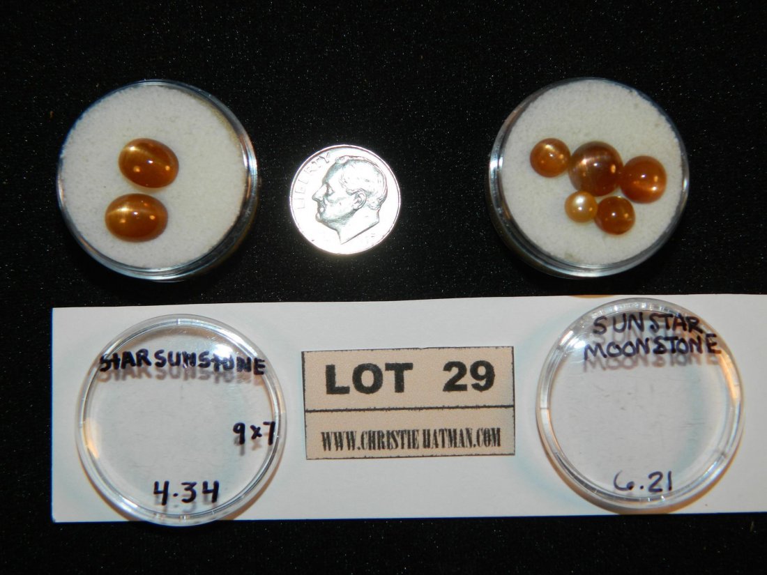 SUN STAR MOONSTONE AND STAR SUN STONE JEWELRY LOOSE: WELCOME TO HATMAN AUCTIONS. Visit www.christiehatman.com for 100's of color pictures. On this lot, please see photos for condition and measurements. WE SELL COLLECTIONS, so contact us when you want to