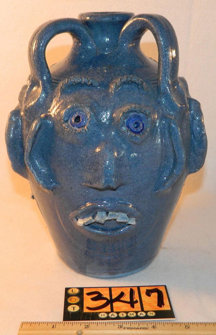BLUE TRIPLE FACED JUG BOBBY FERGUSON GILLSVILLE, GA (1 of 7)