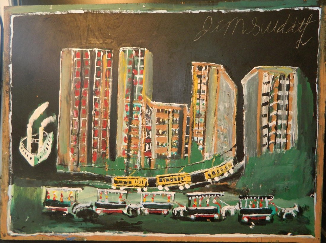 JIMMY LEE SUDDUTH CITY SCAPE SCHOOL BUSES  FOLK ART (1 of 2)