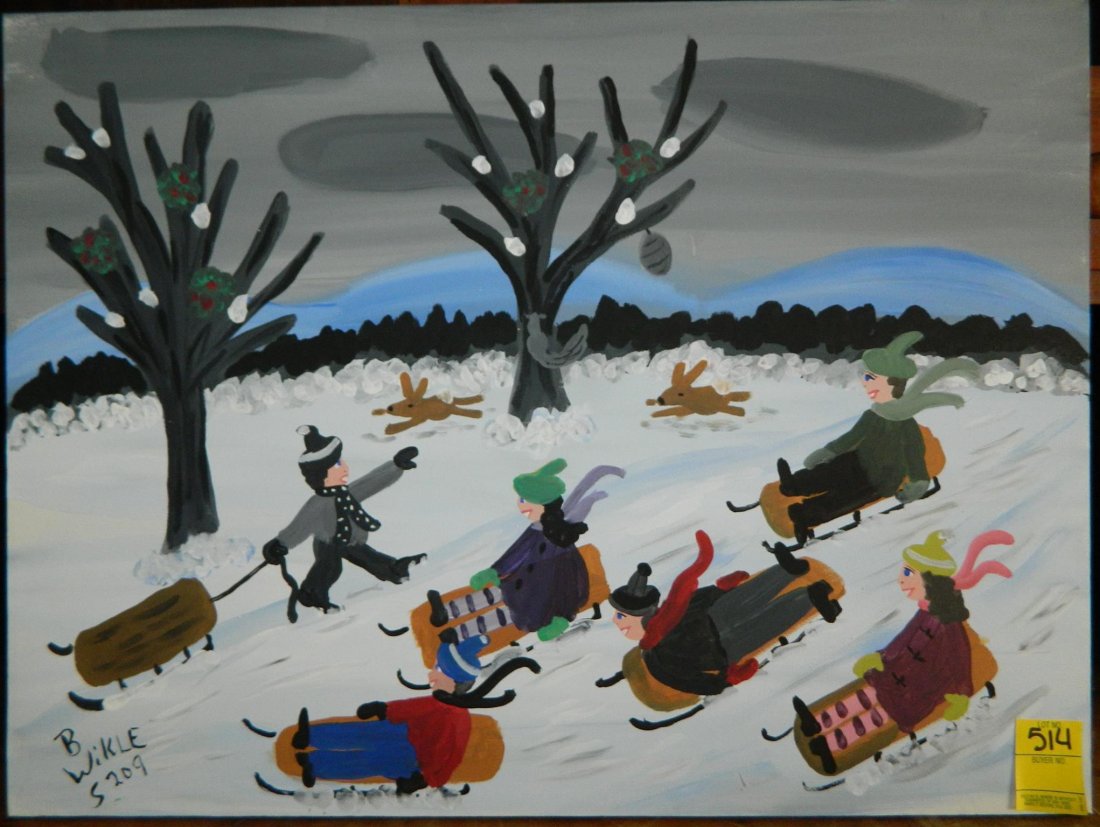 B WIKLE CHILDREN SLEDING FOLK ART PAINTING 18'' x 24'' (1 of 1)