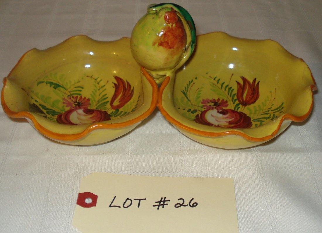 italian server bowl: vintage yellow double server bowl with cabbage handle (made in Italy) 10 x 6 inches (25 x 15cm)