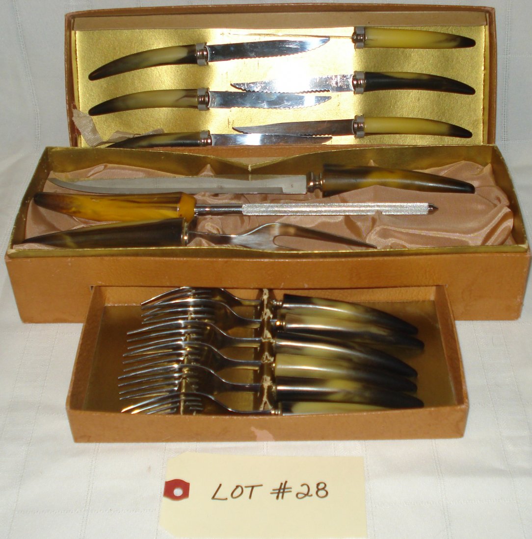Sheffield cuttlery: vintage stainless steel Sheffield Cutlery set in original box. made in England. consisting of 6 knives, 6 forks and 3-piece carving set with ivory-like handles.
