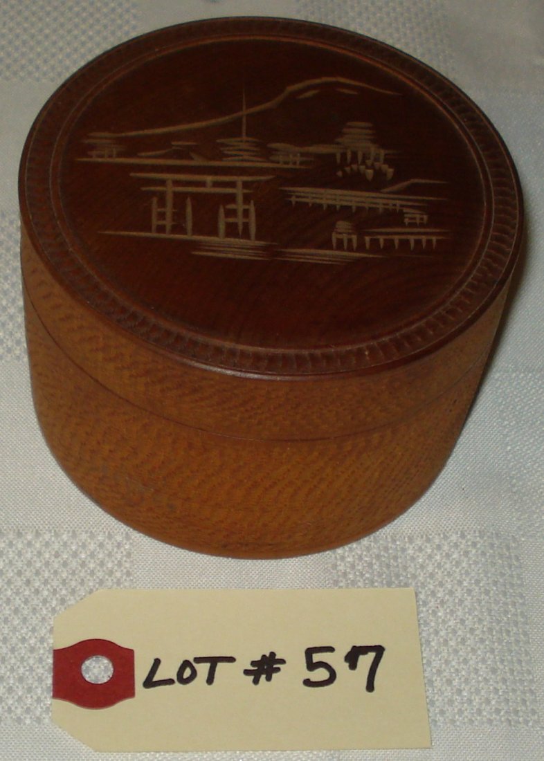 4 japanese wooden coasters: 4 japanese wooden coasters in round wooden box with cover.