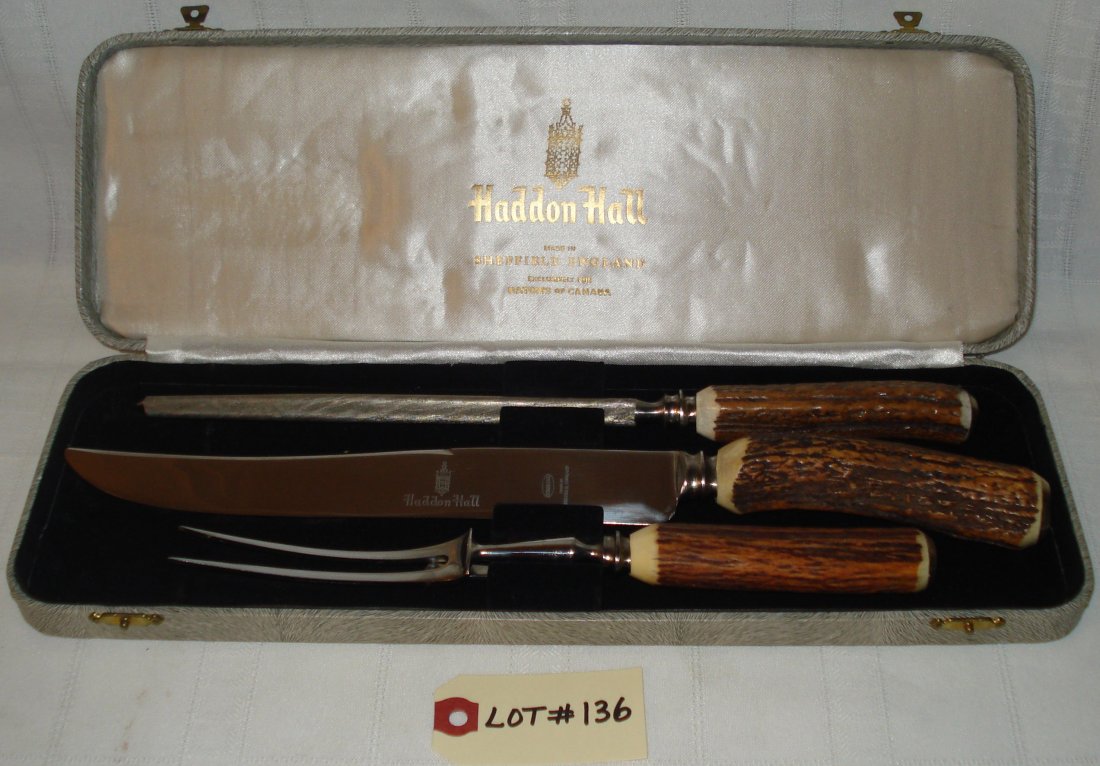 3-piece carving set (Haddon-Hall, England): 3-piece carving set in original box (signed Haddon-Hall, sheffield England). box:14 3/4 x 5 inches (37.5 x 13 cm)
