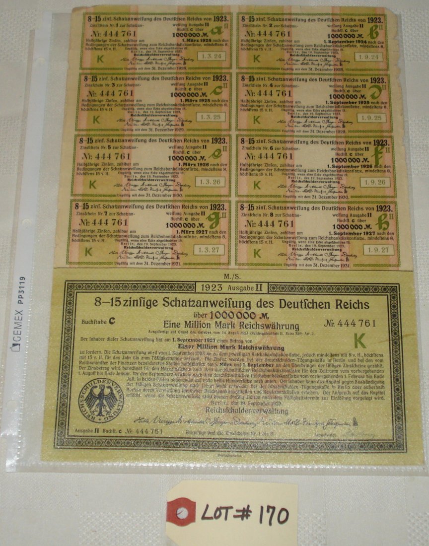 vintage 1923 german treasury bond: vintage 1923 german treasury bond certificate #444761.