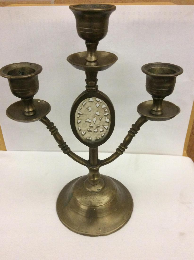 3-Arm Brass Candlestick w/ Jade Medallion Center (1 of 3)