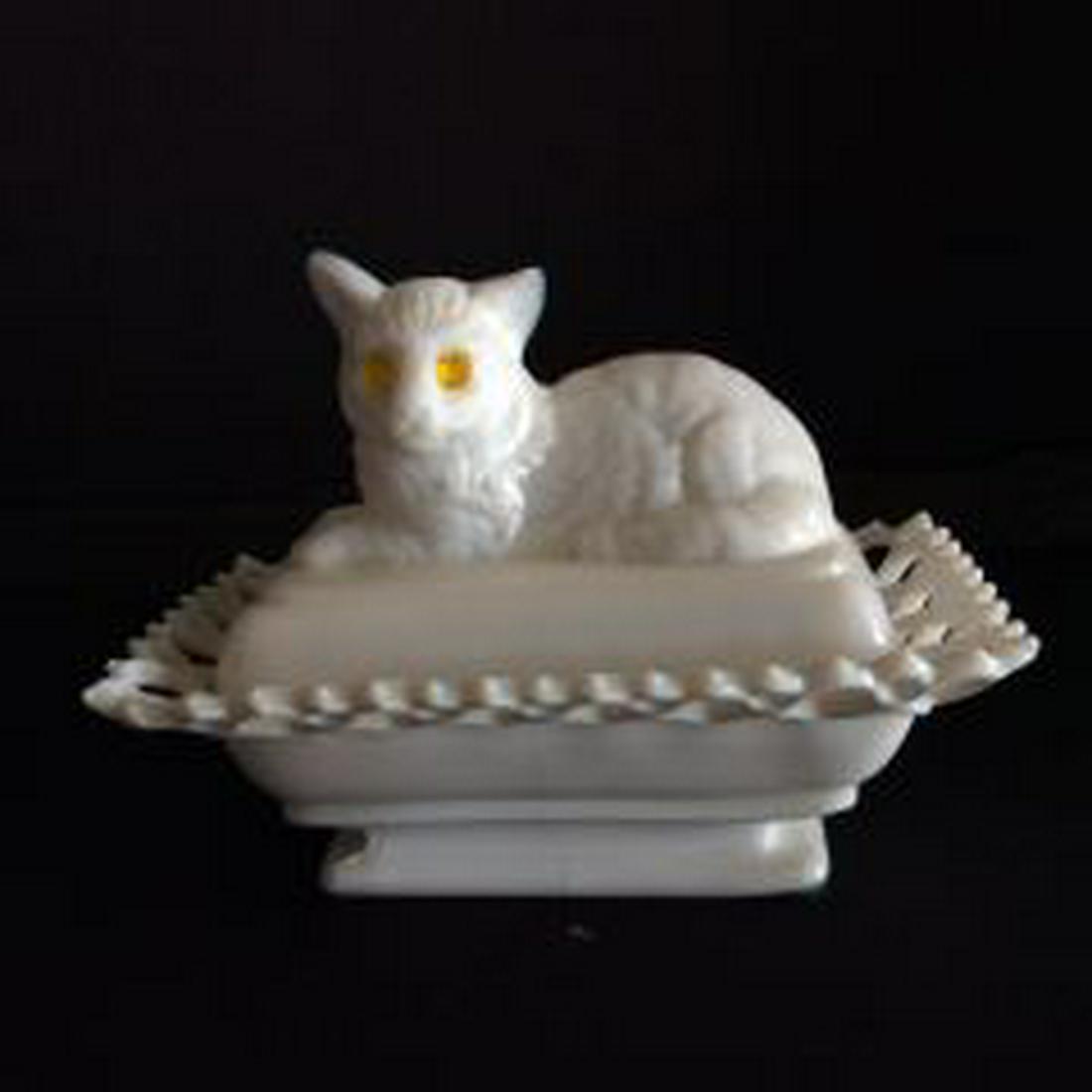 Milk Glass Cat Butter Dish does have a crack: does have a crack