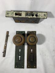 Victorian Brass Door Hardware Set 1884 Double key-lock: Double key-lock hardware, finely detailed w/ lock no key, marked, acorn-handled knobs