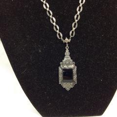 Art Deco Pattern 1920's Flapper Necklace w/ Black Onyx: Onyx & Marcasite