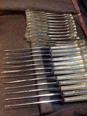 Wallace Sterling Flatware Set w/ Org Silver Luster This: This is an elegant set with original silver luster. Each piece has a large "S" on the handle. Set Includes: 12 Soup Spoons 12 Dinner Forks