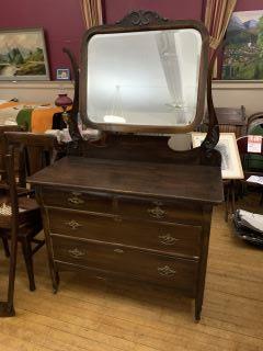 Victorian Four Drawer Dresser Harp holding beveled: Harp holding beveled glass mirror. Nice detailed hardware. H 33 1/2 L 42 D 20