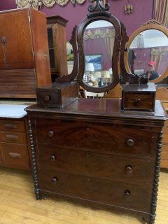 1800's Dresser w/ mirror H72 L42 D 19 1/2 _x000D_ 5: H72 L42 D 19 1/2 5 drawer w/harp& mirror