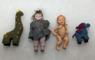 Hand Painted Porcelain Dolls w/ Real Hair 2 handsewn: 2 handsewn stuffed animals